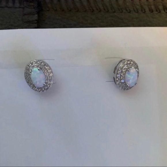 Lab-Created Opal & Lab-Create White Sapphire Double Halo Sterling Silver Studs - Picture 3 of 3